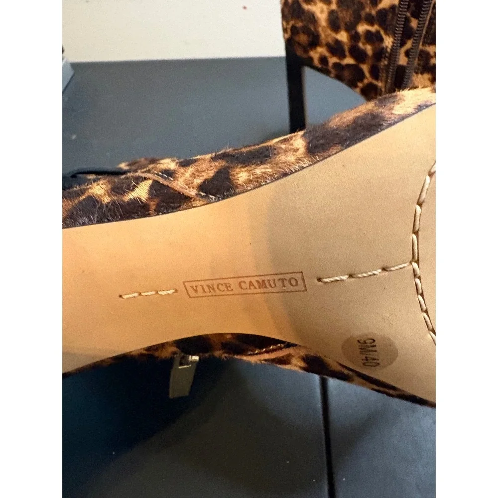 Vince Camuto Womens Leopard Calf Hair Fringe Ankle Boots Pointed Toe Stiletto 9M
